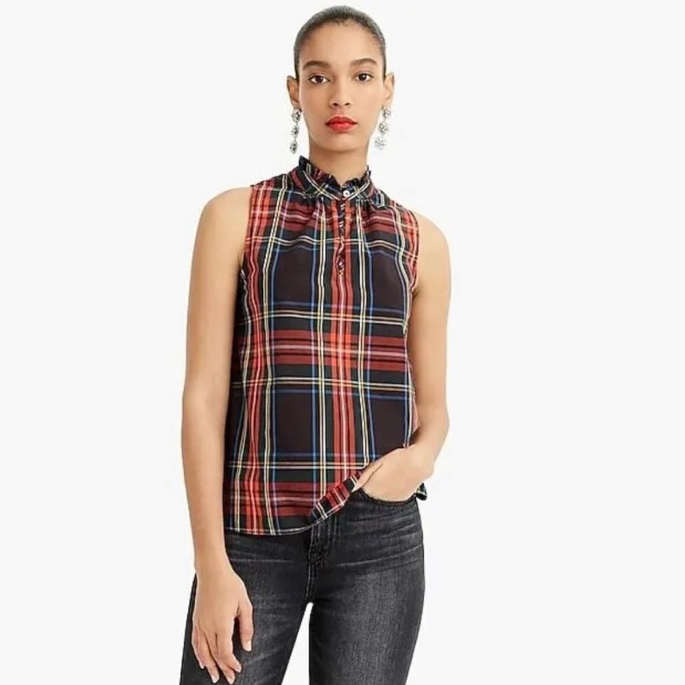 J Crew Holiday Stewart Tartan Plaid Cotton Poplin Ruffleneck Top Size 2
